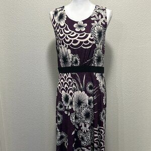 Studio One NY purple, black, cream floral sleeveless midi dress, med
